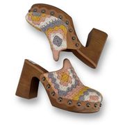 Lucky Brand Immia Crochet Clog Heels Womens Size 9.5 Boho Hippie 3.9" Heel