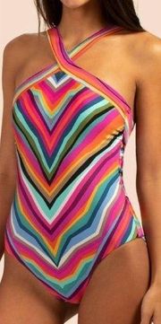 NWT Trina Turk Louvre Striped High-Neck Reversible One-Piece Swimsuit Size 10