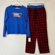 L.L.Bean  Women’s Camp PJ Logo Pajama Set Bright Blue & Red Plaid NWT