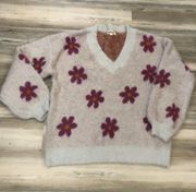 , oversized Large, NWOT, fuzzy warm sweater with daisies, pit to pit is 25, length is 26