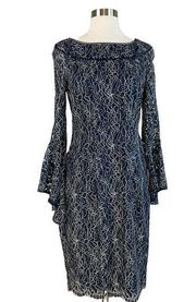 Women's Cocktail Dress Size 6 Blue Metallic Lace Long Sleeve Sheath