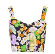 Daisy Print Colorful 70s Floral Groovy Crop Top Sweetheart Neckline Black 8