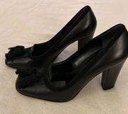 Enzo Angiolini Black Leather Square‎ Toe Heels Suede Tassel Size 6.5