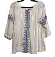 Chaps Off White Blue Embroidered Peasant Top