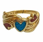 Gold toned Inlaid Red Blue Stone Sz 4 Ring