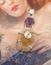 Citrine Stalactite & Amethyst Rough Sterling Silver Pendant