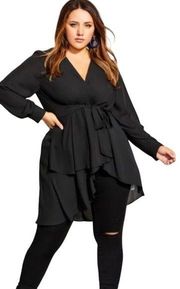 City Chic Shibara Wrap Top Longline Blouse Flowy V Neck Black Womens Plus 16