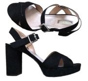 Primary Black Faux Suede Criss Cross Block Heel