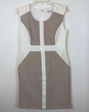 Sandra Darren Colorblock Sheath Career Dress 4P Petite Tan White Sleeveless