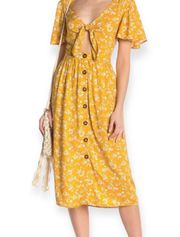 Yellow Floral Tie Front Midi Bell Sleeves Casual Dress