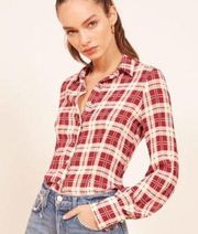 Melany Highland Red White Plaid Button Front Top S