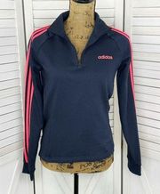 Adidas  Essentials 3 Stripes Quarter Zip Fleece Pullover Top Blue Pink Small