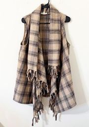 Entro Brown Plaid Fringe Sleeveless Drapey Open Front Wool Blend Vest Size M