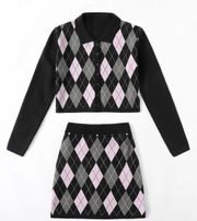 Argyle Pattern Cardigan And Knit Skirt