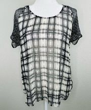 Ella Moss Silk Sheer Printed Black Gray Short Sleeve Blouse Oversized Small