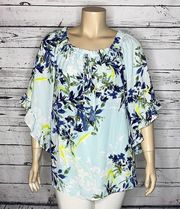 One World Size 2X Blue Floral Print Tassel Tie Off the Shoulder Blouse Top