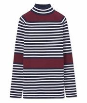 SPORT Navy Blue White Red Tech Knit Stripe Turtleneck Long Sleeve Top