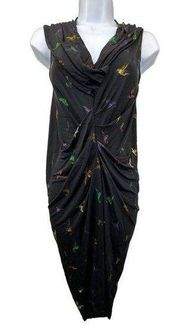 McQ Alexander McQueen Sleeveless Ruched Dress Black Hummingbird Sz XS Midi RARE!