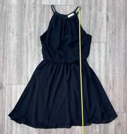 LUSH Women's Black Halter Pleated Chiffon Skater Mini Blouson Dress Size XS