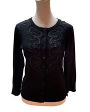 Black Button Front Cardigan Sweater Embroidered & Gem Detail Small