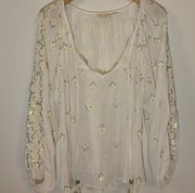 Ramy Brook V-Neck Embroidered Sequin Long Sleeve Peasant Top - Size Small