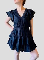 Gorgeous navy blue eyelet flutter sleeve ruffle boho cottagecore mini dress