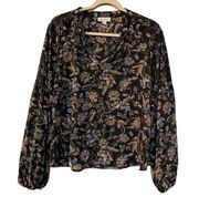 Evereve Floral Blouse Size Medium Black Brown Blue Long Sleeve Sheer V Neck