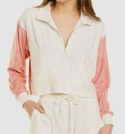 L*Space Best Life Crop Pullover Half Zip Pockets TerryCloth Pink Ivory NEW Sz XS