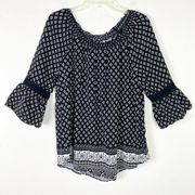 Faded Glory Black & White Geometric Floral Bell Sleeve Peasant Top Size XL