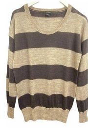 Club Monaco Womans Mohair Sweater Cream Brown Size M Wide Stripes Long Sleeve