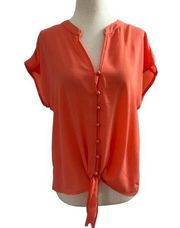 Pink Rose Women Size Medium Tie Front Shirt Cap Sleeve Peach Casual (27-124P)