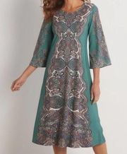 Soft Surroundings Milana Green Paisley Print Knit Midi Dress Sz.S