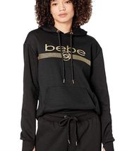 NWT Bebe Black and Gold Glitter Logo Long Sleeve Pullover Hoodie Size Small