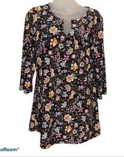 Tacera Black Floral Print Tunic Blouse Size M