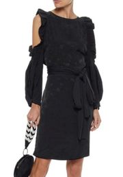 Maje Satin Black Cold-Shoulder Ruffled Paisley-Jacquard Dress Women's Size 2