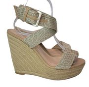 SAKS 5th AVE Glenwood Gold Wedge Criss-cross Strappy Side Buckle Sandals Size 6