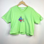 Green Fish Cropped V Neck Short Sleeve T shirt Top womens One size