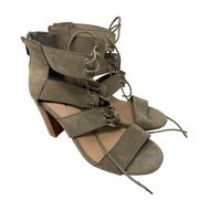 Torrid Women's Sz 10 Wide Faux Suede Block Heel Taupe Cage Sandals Lace Up