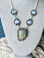 Handmade Labradorite & Opalite Heart Sterling Silver 18” Gemstone Necklace