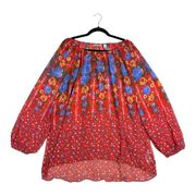 Susan Graver Womens XL Printed Crinkle Chiffon Peasant Tunic Sheer Red Floral