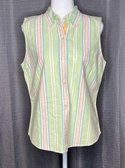 G. H. BASS & CO MEDIUM GREEN STRIPED SLEEVELESS BUTTON FRONT TOP NWT