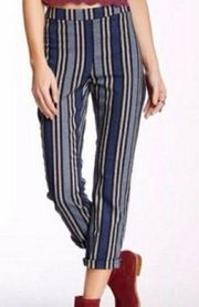 Navy Blue Striped Linen Crop Pants