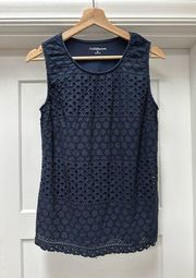 Croft and Borrow sleeveless cotton embroidered navy top Medium