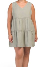 Plus Size Linen Sleeveless V-neck Tiered Crochet Trim Mini Dress 1X