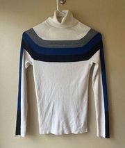 Athleta Wool Blend White with Grey and Blue Striped Turtleneck Sweater Size XS