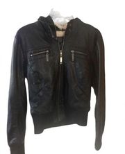 Rue 21 leather jacket with detachable furry lined hood Sz medium