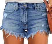 High waisted frayed Raw Hem ripped distressed womens jean Shorts