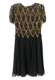 VTG Laurence Kazar Black Gold Beaded Sequin Evening Dress