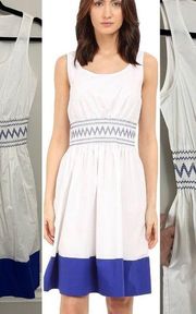 Kate Spade White and Blue Smocked Poplin Cotton Pocket Dress XS (Generous Fit)