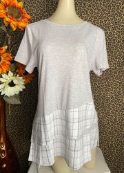 NWT  Gray/Plaid Asymmetrical Short Sleeve Babydoll Top | LARGE |